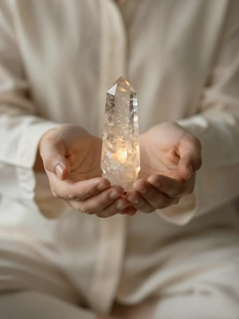 Manos sosteniendo un cristal de cuarzo con luz cálida
