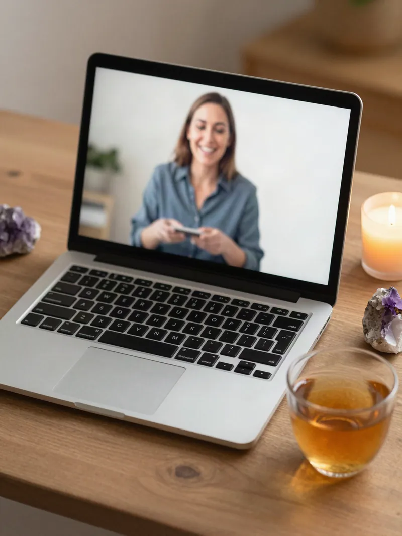 Sesión online por videollamada con una taza de té y un cristal