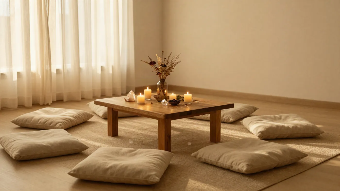 Sala de talleres con almohadones en ronda, velas y cristales